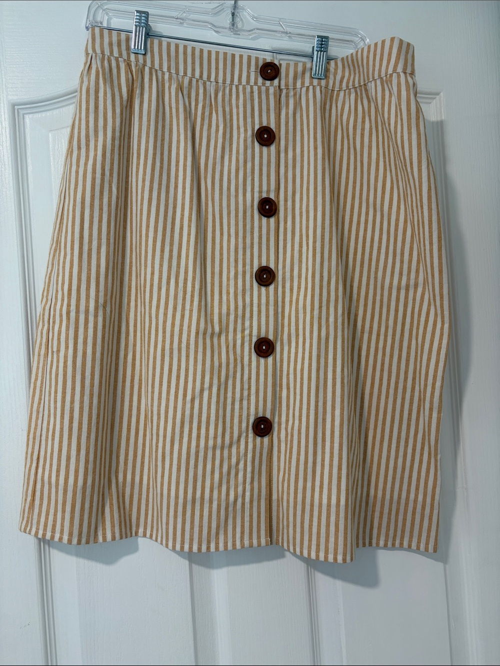 Roolee Tan and White Striped A-Line Button-Front Skirt